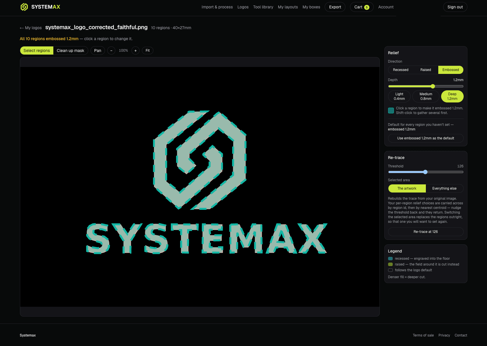The Systemax logo traced into ten selectable regions, beside relief controls for direction and depth.