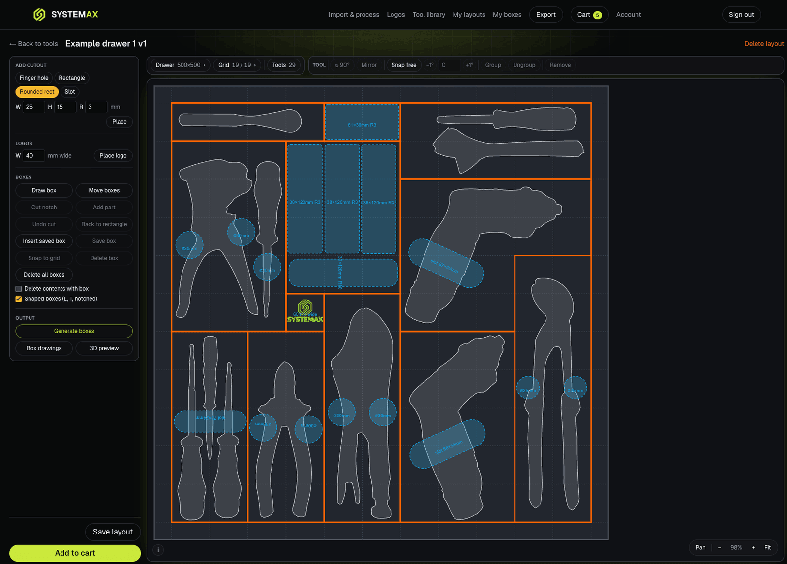 A 500 by 500 mm drawer layout: traced pliers, screwdrivers and a drill outlined in white, grouped inside orange box boundaries, with blue finger holes and slots placed over them.
