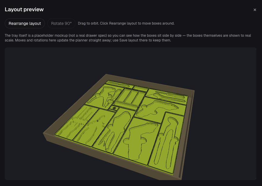 A 3D view of a tray holding nine boxes, each with tool-shaped pockets sunk into it.