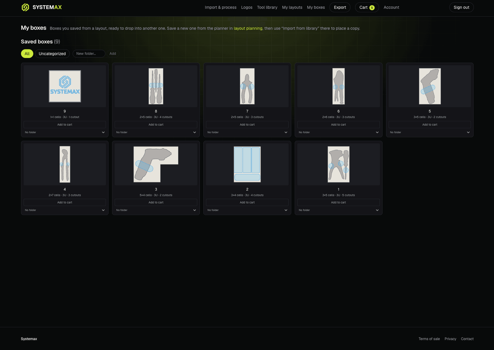 Nine saved boxes as cards, each showing its tool pockets and its cell size, height and cutout count.