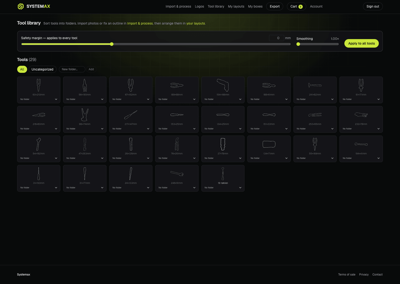 A grid of 29 traced tool outlines, each labelled with its real millimetre dimensions, above folder controls.